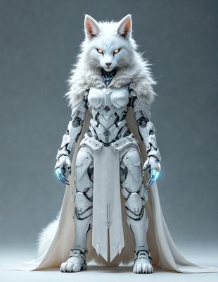 The primary subject of the image is a white, robotic-looking character with a cape. The character appears to be a futuristic, mechanical fox. The setting is a gray background, which contrasts with the white character. The visual style is digital art, as the character is depicted in a detailed and intricate manner. The colors and mood of the image are predominantly white, giving it a clean and futuristic appearance.